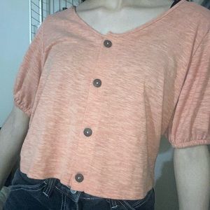 Coral Button Puff Sleeve Shirt